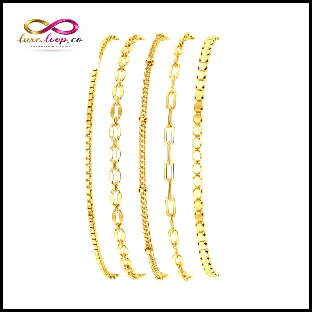 14k Gold Plated Dainty Chain Bracelet Set Adjustable Waterproof Hypoallergenic